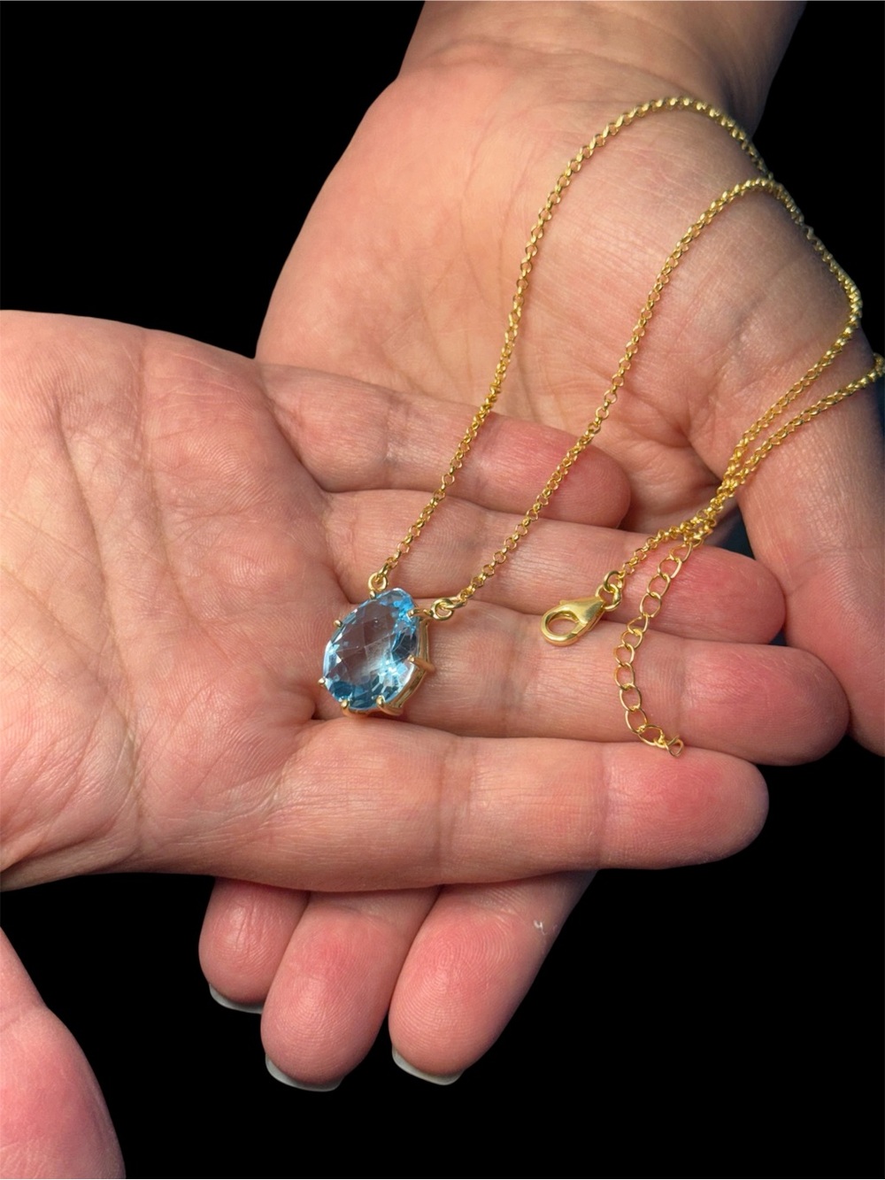 5Ct Swiss Blue Topaz Necklace 925 Silver 18K Gold Plated 16–17.5”